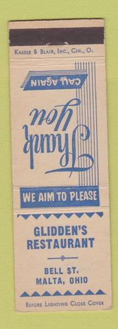 Matchbook Cover - Glidden's Restaurant Malta OH