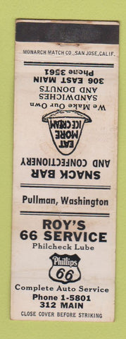 Matchbook Cover - Roy's Phillips 66 oil gas Pullman WA WEAR WHITE