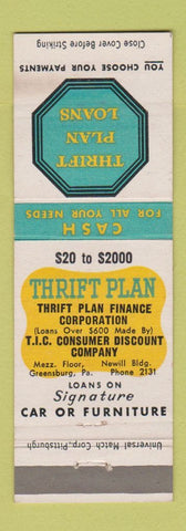 Matchbook Cover - Thrift Plan Loans Greensburg PA