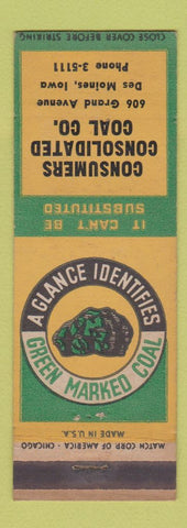 Matchbook Cover - Green Marked Coal Des Moines IA