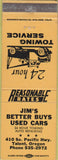 Matchbook Cover - Jim's Used Cars Talent OR towing