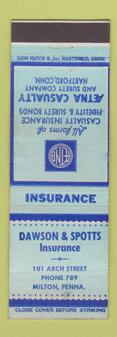 Matchbook Cover - Dawson Spotts Aetna Insurance Milton PA