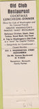 Matchbook Cover - historic Alexandria VA Old Club Restaurant