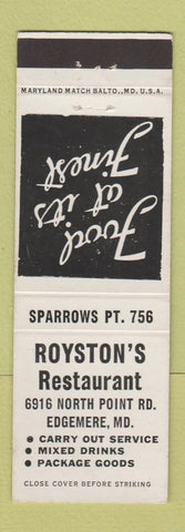 Matchbook Cover - Royston's Restaurant Edgemere MD