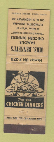 Matchbook Cover - Mrs Bennett's Restaurant Chicken Plymouth IN WEAR