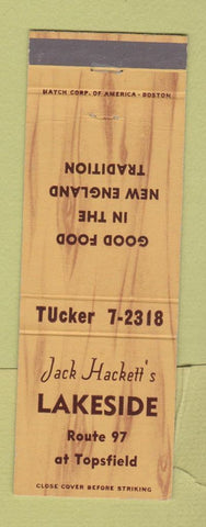 Matchbook Cover - Jack Hackett's Lakeside Topsfield MA