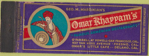 Matchbook Cover - Omar Khayyam's Restaurant Delano CA San Francisco
