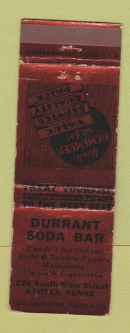Matchbook Cover - Durrant Soda Bar Athens PA WEAR