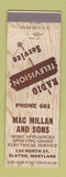 Matchbook Cover - Mac Millan and Sons Appliances Elkton MD