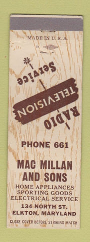 Matchbook Cover - Mac Millan and Sons Appliances Elkton MD