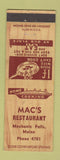 Matchbook Cover - Mac's Restaurant Mechanic Falls ME low phone #