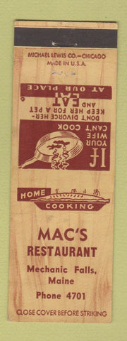 Matchbook Cover - Mac's Restaurant Mechanic Falls ME low phone #