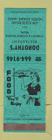 Matchbook Cover - Dorothy's Restaurant North Adams MA TEAL