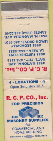 Matchbook Cover - RCP Co Concrete Masonry Supply La Mesa CA WORN