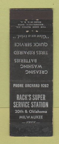 Matchbook Cover - Rack's Super Service oil gas Milwaukee WI WORN
