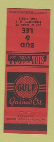 Matchbook Cover - Gulf oil gas Bud & Lee Endicott NY RED