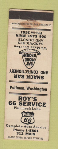 Matchbook Cover - Roy's Phillips 66 oil gas Pullman WA WEAR