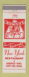 Matchbook Cover - New York Restaurant Harwich Port Cape Cod MA