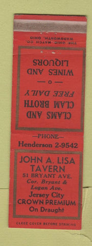 Matchbook Cover - John Lisa Tavern Crown Premium Beer Jersey City NJ WEAR