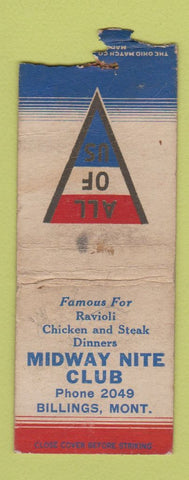 Matchbook Cover - Midway Nite Club Billings MT WWII WEAR BOBTAIL