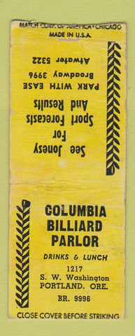Matchbook Cover - Columbia Billiard Parlor Portland OR WEAR BOBTAIL