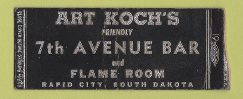 Matchbook Cover - Art Koch's 7th Avenue Bar Rapid City SD BOBTAIL
