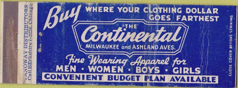 Matchbook Cover - The Continental Chicago IL Clothing CREASES POOR