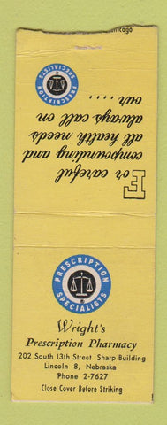 Matchbook Cover - Wright's Drug Store Lincoln NE BOBTAIL