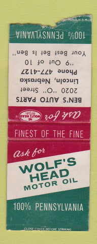 Matchbook Cover - Wolf's Head Motor Oil Ben's Lincoln NE BOBTAIL