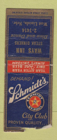 Matchbook Cover - Schmidt's City Club Beer West Lincoln NE WORN BOBTAIL