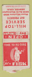 Matchbook Cover - Fisk Tires Hill Top Bay oil gas Denver Colorado BOBTAIL