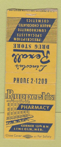 Matchbook Cover - Ruppert's Pharmacy Drug Lincoln NE BOBTAIL