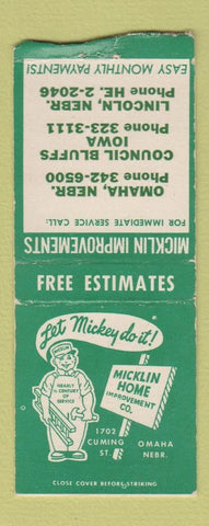 Matchbook Cover - Micklin Home Improvement Lincoln Omaha NE  BOBTAIL