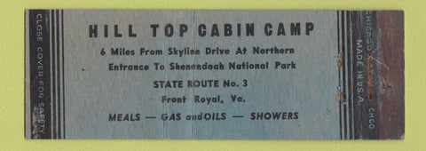Matchbook Cover - Hill Top Cabin Camp Front Royal VA