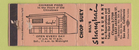 Matchbook Cover - Bill's Shanghai Restaurant San Jose CA WEAR