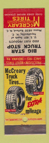 Matchbook Cover - McCreary Tires Big Star Truck Shop Raiford NC WEAR