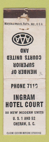 Matchbook Cover - Ingram Hotel Court Cheraw SC WORN