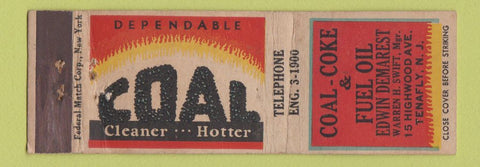 Matchbook Cover - Coal and Coke Fuel Edwin Demarest Tenafly NJ