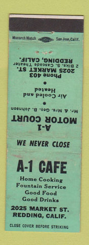 Matchbook Cover - A1 Cafe Motor Court Redding CA low phone # WEAR