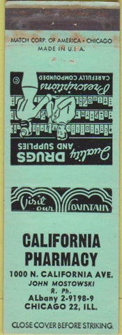 Matchbook Cover - California Pharmacy drugs Chicago IL green