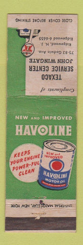 Matchbook Cover - Texaco oil gas Havoline John Wingate Ridgewood NJ WEAR