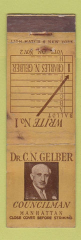 Matchbook Cover - Dr CN Gelber Councilman Manhattan New York City WEAR
