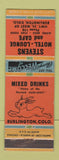 Matchbook Cover - Stevens Motel Lounge Burlington Colorado WEAR