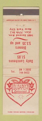 Matchbook Cover - Budapest Restaurant New York City