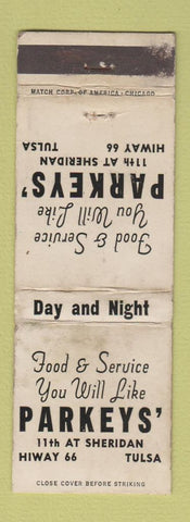 Matchbook Cover - Parkeys' Tulsa OK Route 66 restaurant WORN