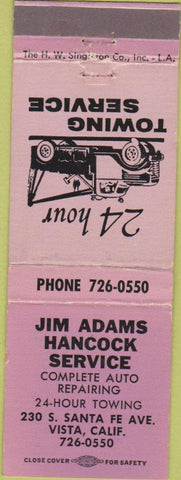 Matchbook Cover - Jim Adams Hancock Service oil gas Vista CA