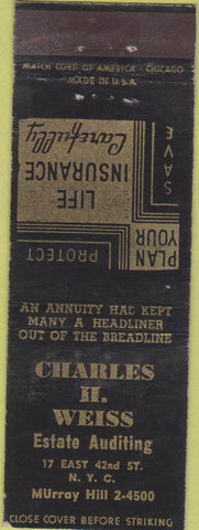 Matchbook Cover - Charles Weiss Estate Auditing New York City