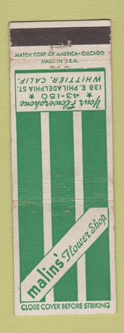 Matchbook Cover - Malins' Flower Shop Whittier CA
