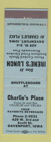 Matchbook Cover - Irene's Lunch Charlie's Place Davenport IA