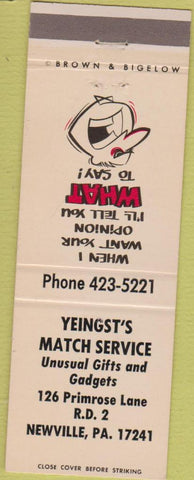 Matchbook Cover - Yeingst's Match Service Newville PA Brown Bigelow